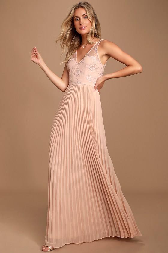 Lovely Blush Pink Dress - Pleated Maxi Dress - Lace Dress - Lulus