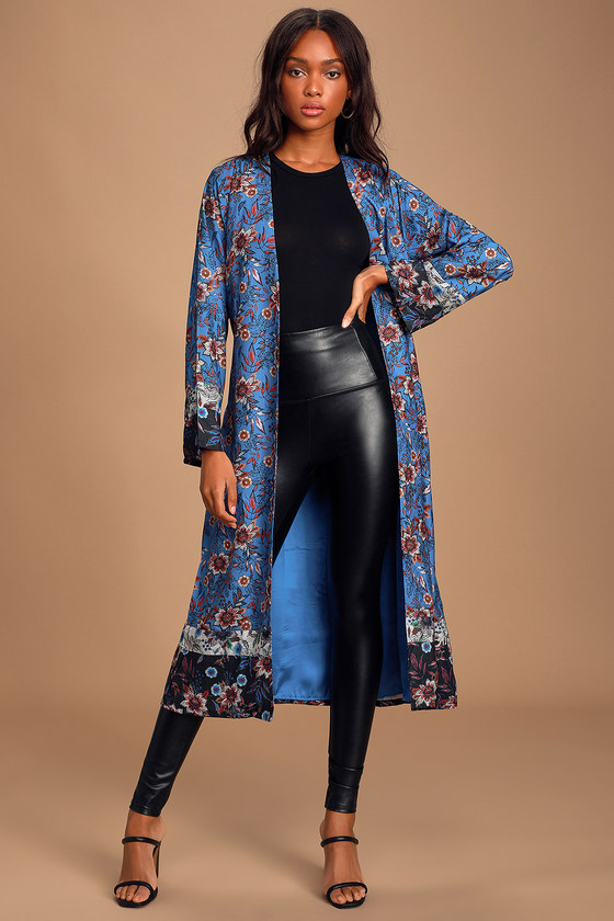 Luxe Satin Robe - Royal Blue Floral Print Robe - Boho Duster - Lulus