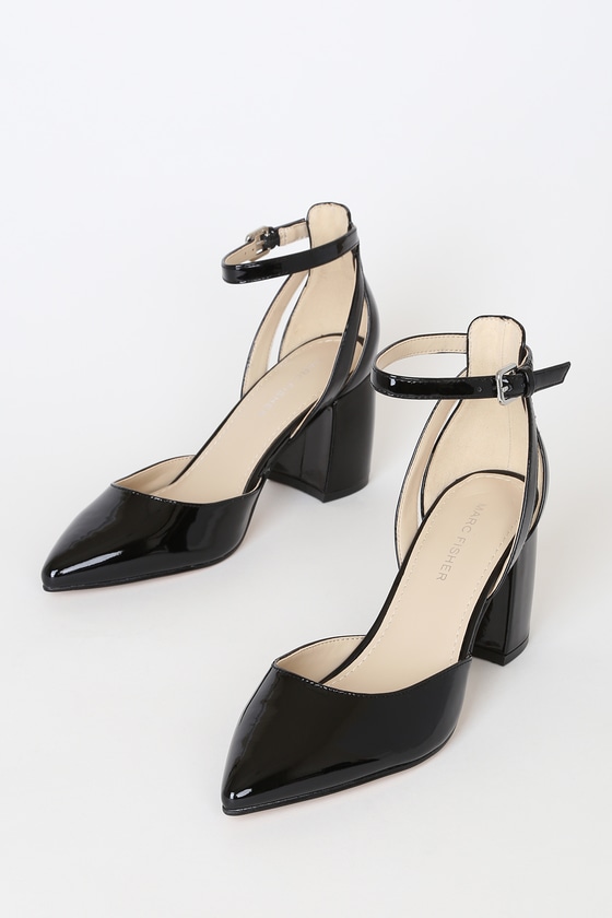 black patent leather pumps with ankle strap