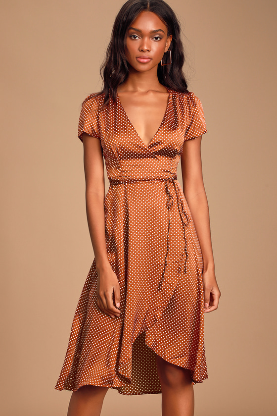 rust polka dot wrap dress