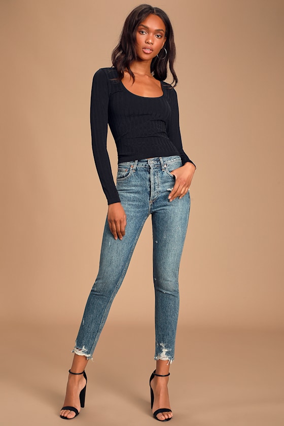 Lucky You Black Ribbed Long Sleeve Top 1