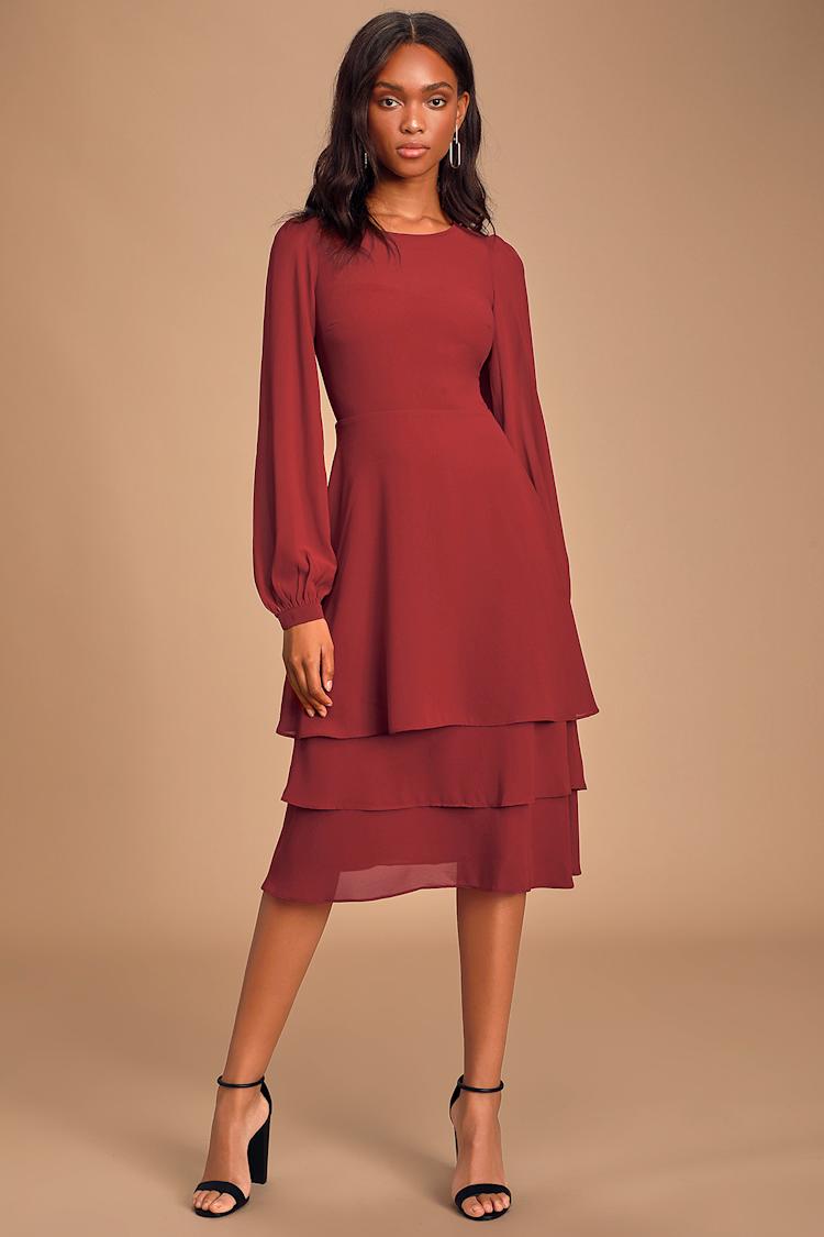 Chic Wine Red Dress - Tiered Midi Dress - Long Sleeve Midi Dress - Lulus