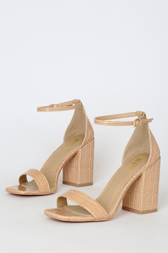 Raelynn Nude Croc Patent Square-Toe Ankle Strap Heels 1