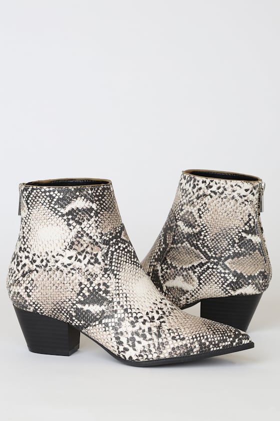 Deacon Beige and Brown Snake Print Pointed-Toe Ankle Booties 1