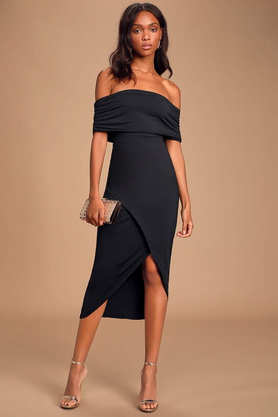 black off the shoulder bodycon midi dress