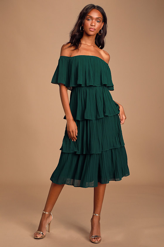 Gala Ready Forest Green Off-the-Shoulder Ruffle Midi Dress 1