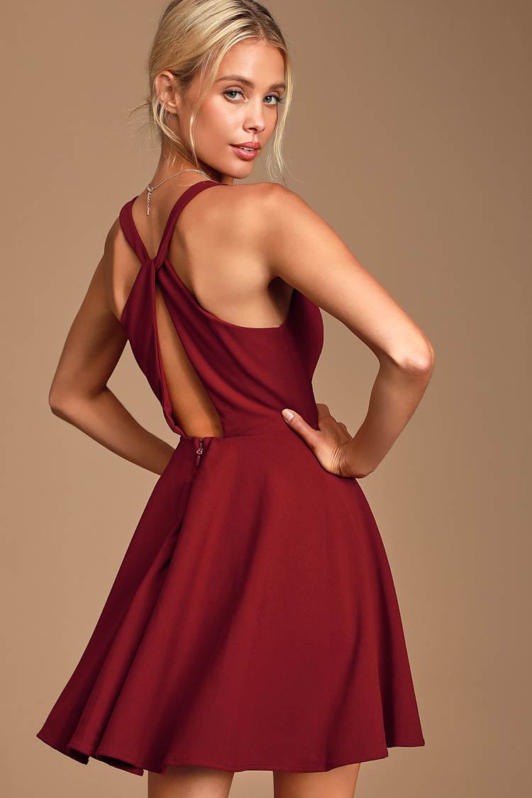 wine colored skater dress Cute Wine Red Dress - Twist Back Skater Dress - Skater Dress