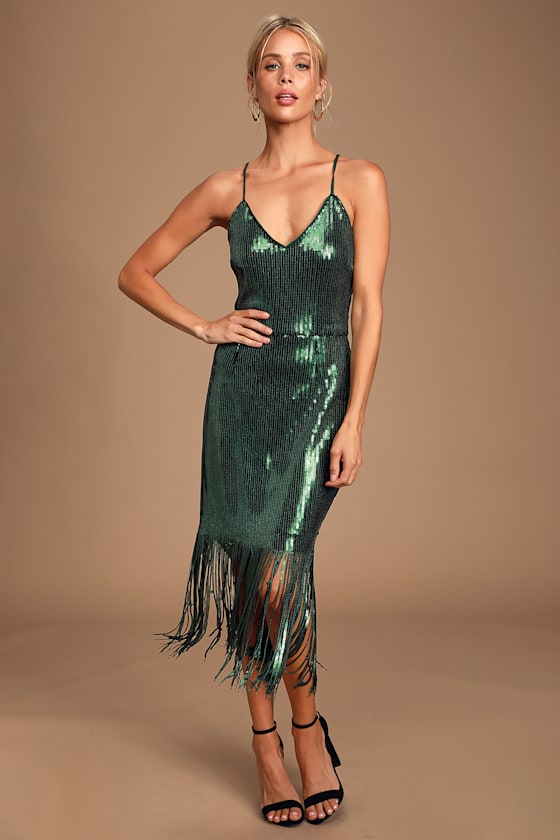 Anjou Forest Green Sequin Fringe Midi Dress 1