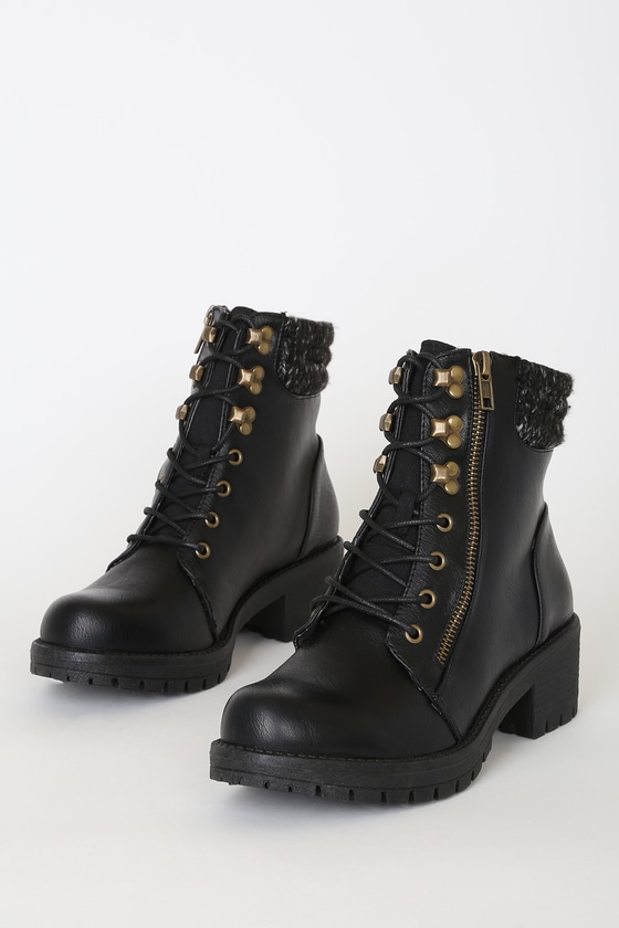 Carole Black Crinkle Mid-Calf Lace-Up Boots