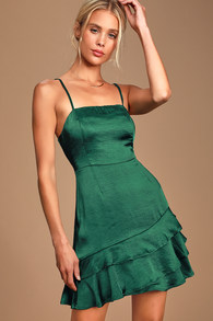 Dreams Come True Emerald Green Satin Ruffled Mini Dress