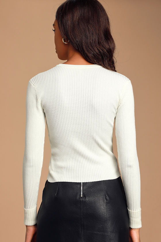 Karlee Ivory Ribbed Knit Long Sleeve Sweater Top - thumbnail 3