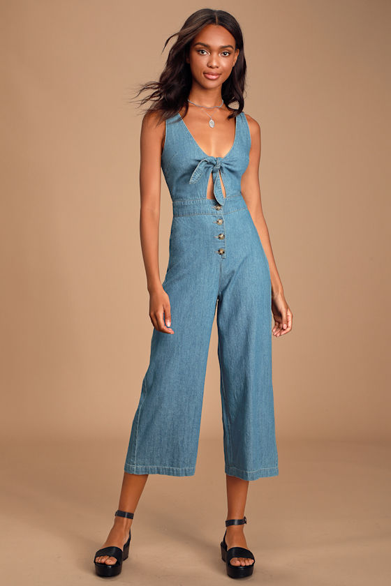 Jelina Medium Wash Tie-Front Denim Jumpsuit 1