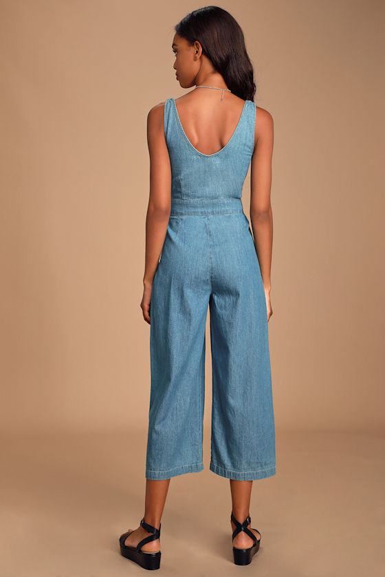 Jelina Medium Wash Tie-Front Denim Jumpsuit 3