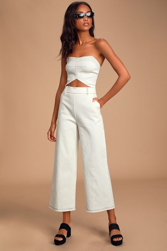 Brooklyn Born White Denim Strapless Cutout Jumpsuit 2