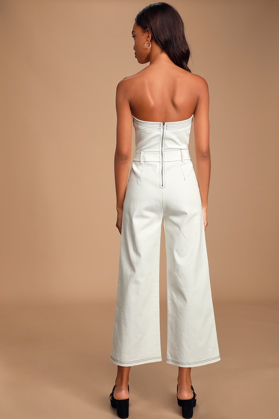 Chic White Jumpsuit Strapless Denim Jumpsuit Culotte Jumpsuit Lulus
