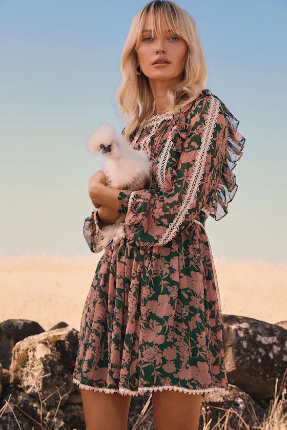 Tatlana Pink and Green Floral Print Long Sleeve Skater Dress 6