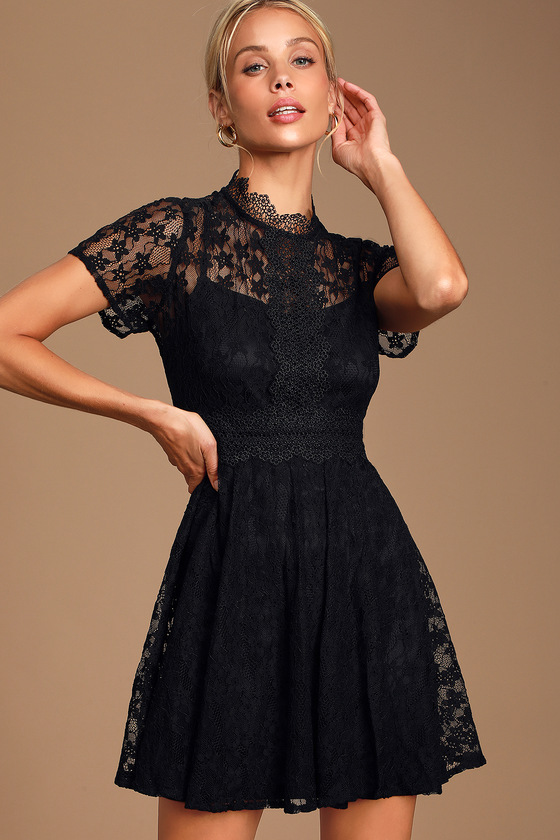 Download Lovely Black Lace Dress - Mock Neck Mini Dress - Skater ...