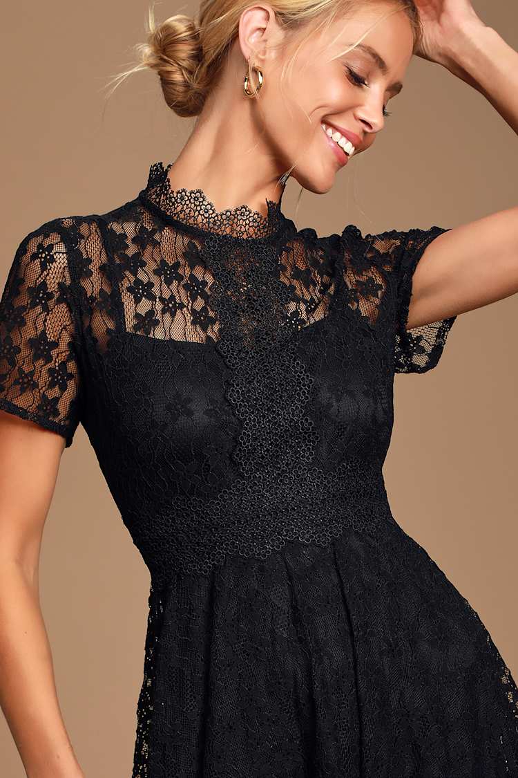 Lovely Black Lace Dress - Mock Neck Mini Dress - Skater Dress - Lulus