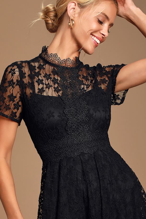 Clique Black Lace Short Sleeve Mock Neck Skater Dress 4
