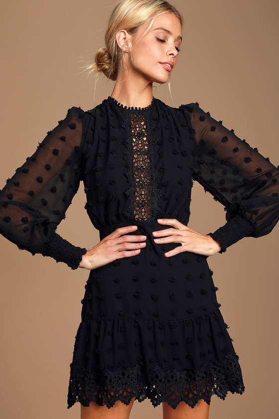 black long sleeve embroidered dress
