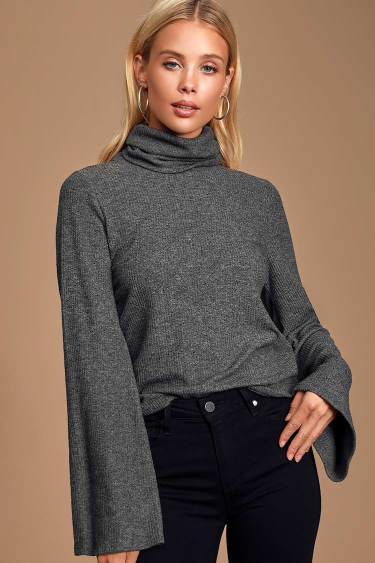 Cozy Grey Turtleneck Top - Bell Sleeve Sweater Top - Rib Knit Top - Lulus