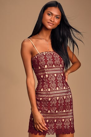 Crochet Lace Pink Blush Burgundy Lace Dress Chic Burgundy Mini Dress  Crochet Lace Dress Bodycon Dress
