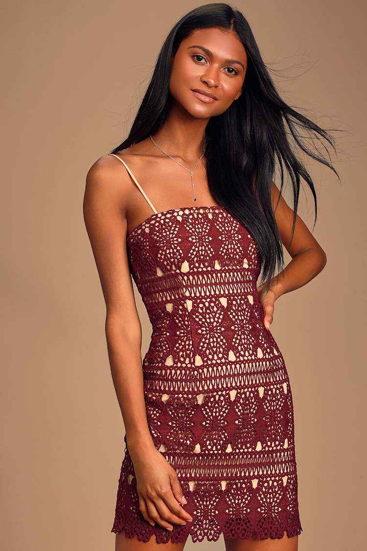 Chic Burgundy Mini Dress - Crochet Lace Dress - Bodycon Dress - Lulus Chic Burgundy Mini Dress - Crochet Lace Dress - Bodycon Dress - Lulus