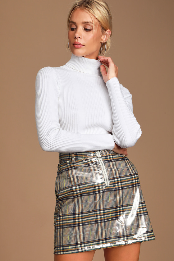 Cute Plaid Mini Skirt - Patent Mini Skirt - Vegan Leather Skirt - Lulus