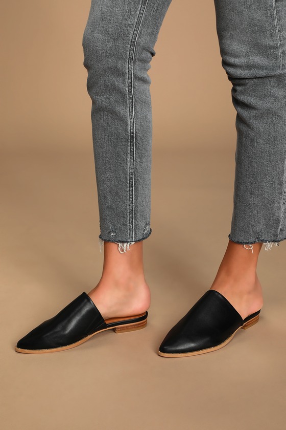 black leather pointed toe mules