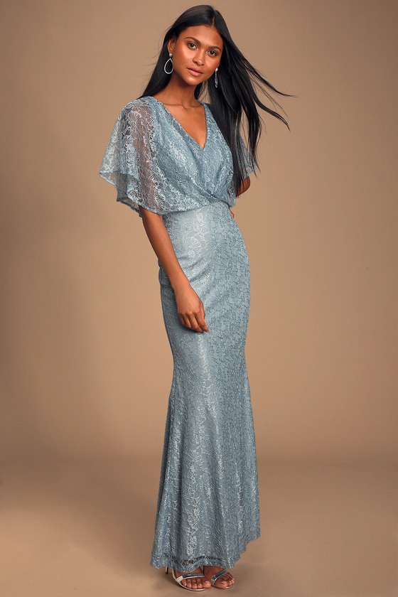 Downton Abbey Inspired Dresses Bliss Delight Light Blue Lace Flutter Sleeve Maxi Dress - Lulus $65.00 AT vintagedancer.com