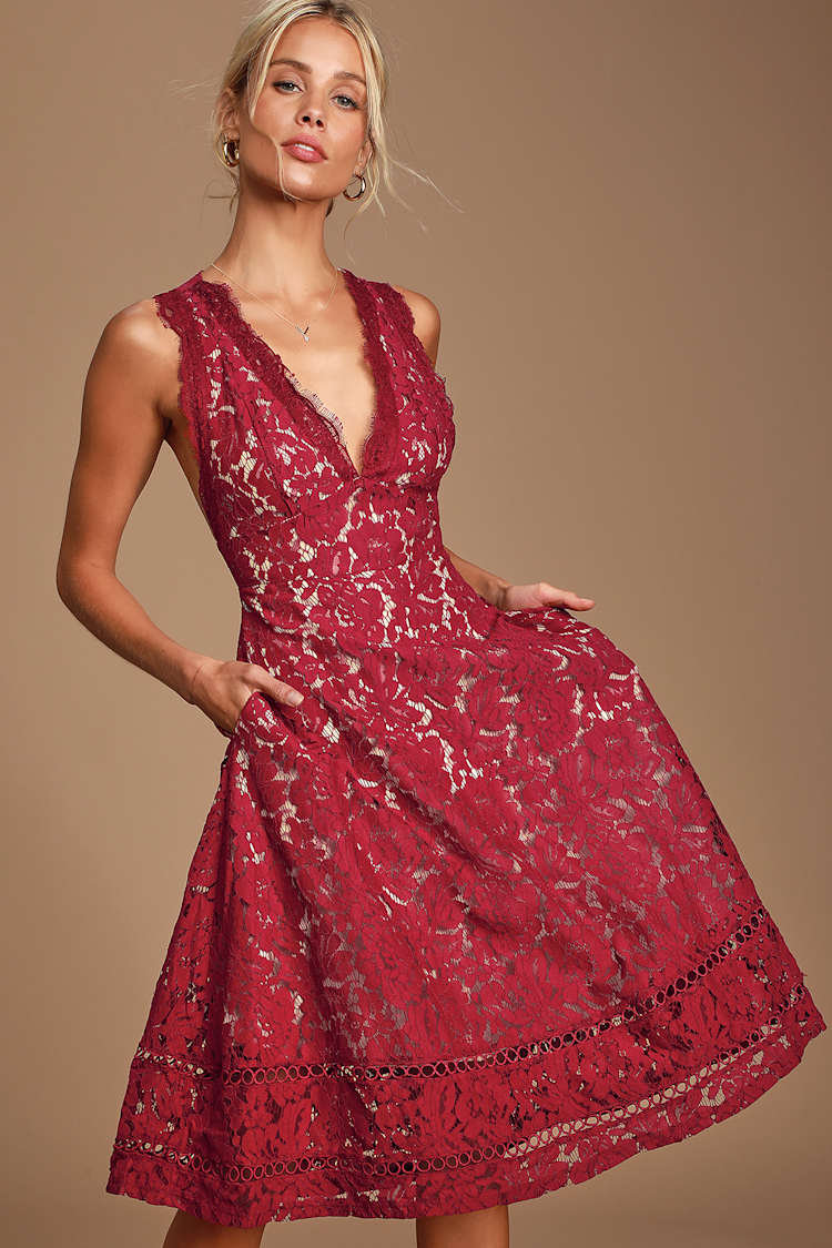 Lovely Burgundy Lace Dress - Midi Dress - Eyelash Lace Dress - Lulus