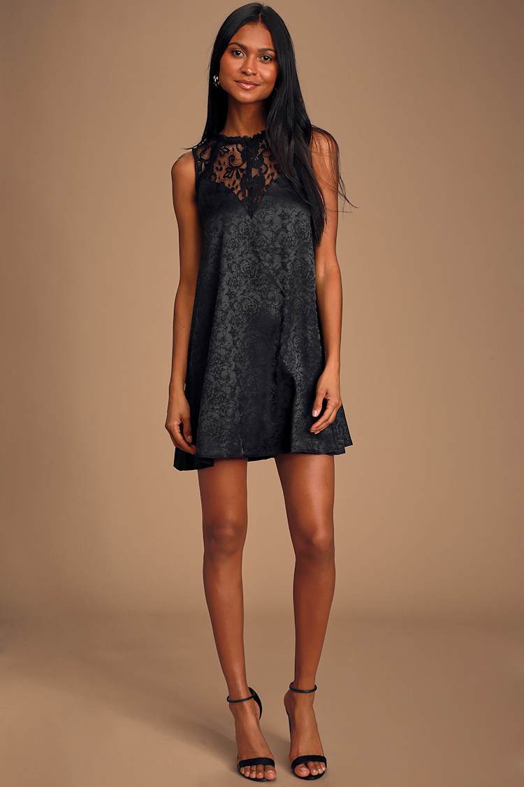 Adorable Black Satin Swing Dress - Lace Mock Neck Mini Dress - Lulus