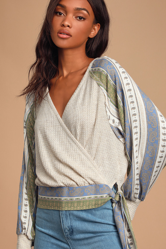 Cute Thermal Scarf Print Top Faux Wrap Top Balloon Sleeve Top Lulus