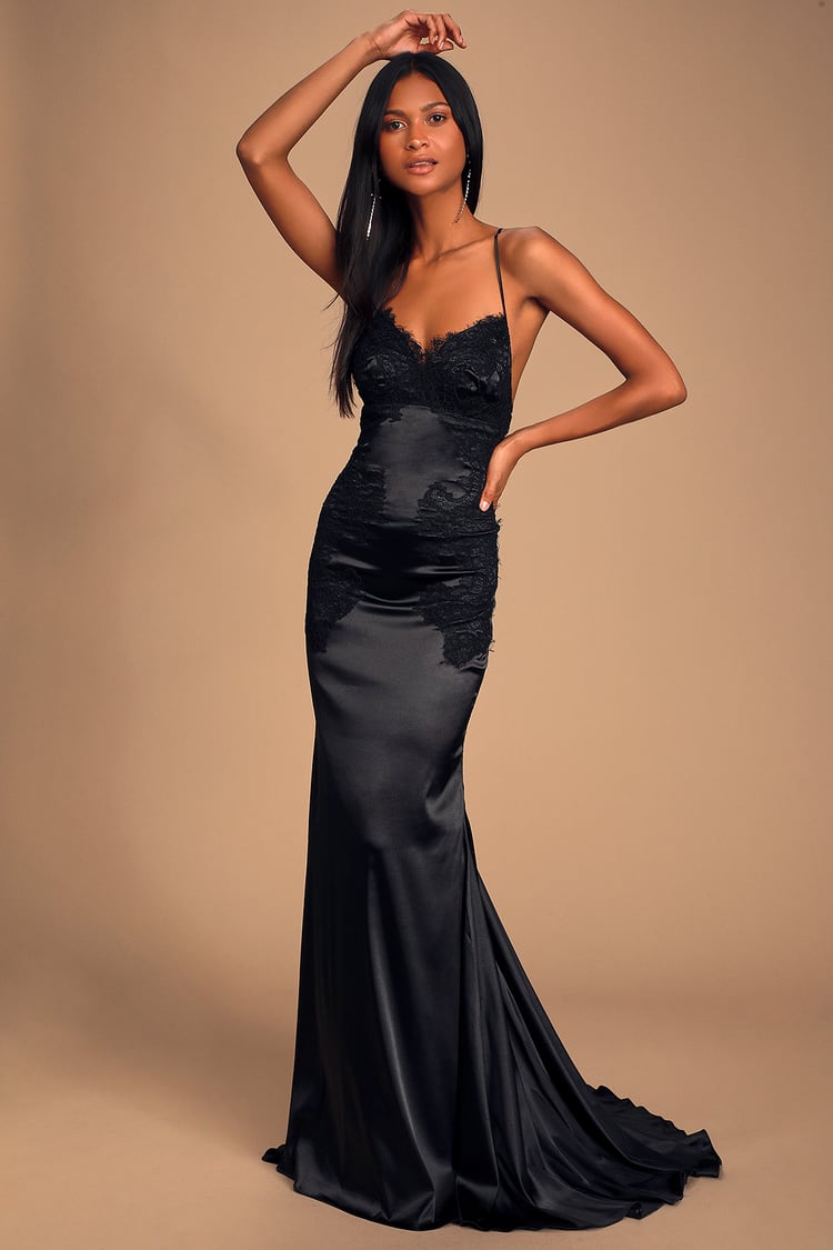 Fantasy Come True Black Lace Satin Lace-Up Maxi Dress