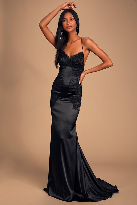 Fantasy Come True Black Lace Satin Lace-Up Maxi Dress 1