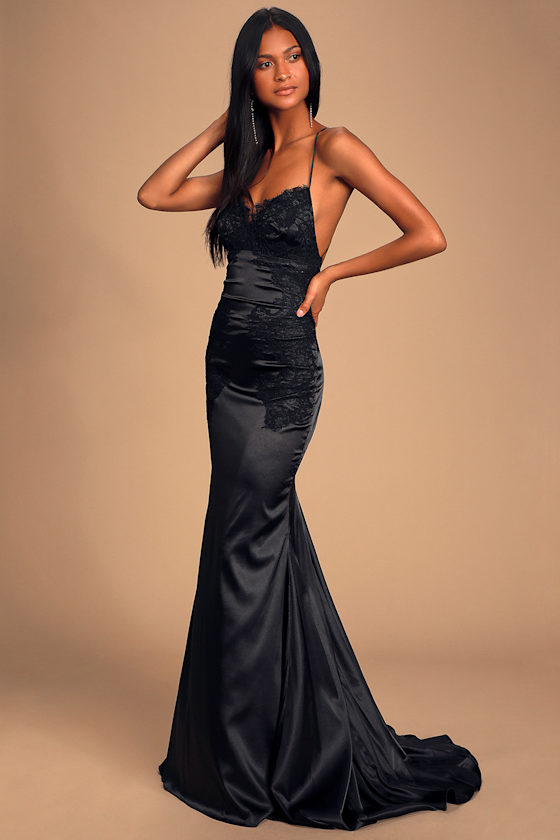 ◆Loulouseoul◆ Glossy Slim Satin Long Dress Black Sexy Black Maxi - Lace-Up Maxi Dress - Satin Maxi - Lace