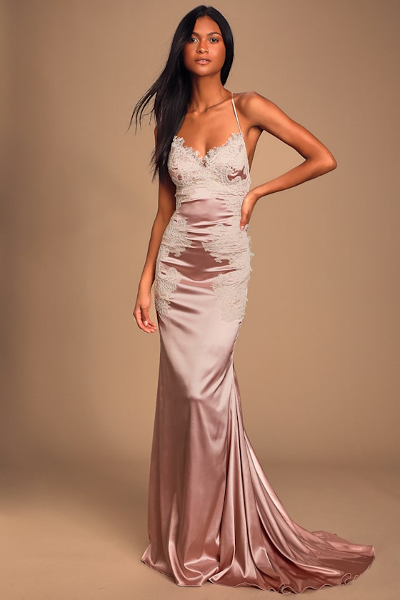 Fantasy Come True Mauve Pink Lace Satin Lace-Up Maxi Dress 1