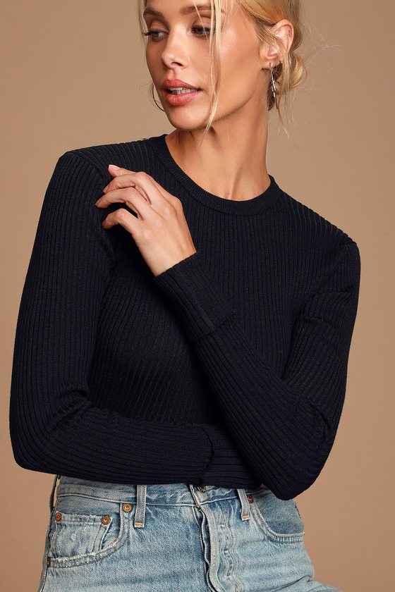Lulus Basics Karlee Black Ribbed Knit Long Sleeve Sweater Top