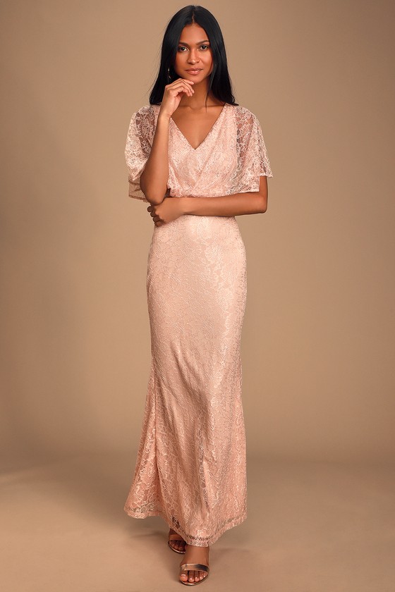 Downton Abbey Inspired Dresses Bliss Delight Blush Pink Lace Flutter Sleeve Maxi Dress - Lulus $65.00 AT vintagedancer.com