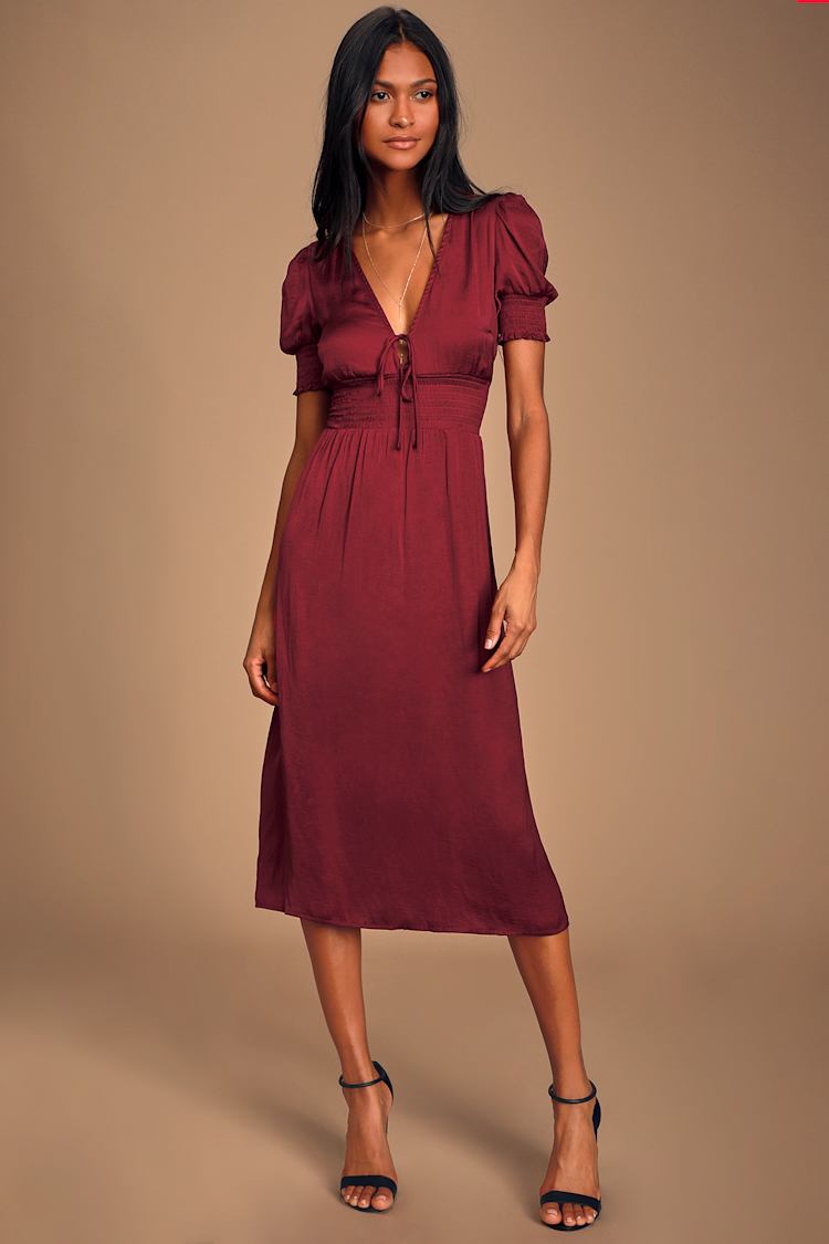 wine red satin midi dress Wine Red Satin Midi Dress: Long Sleeve Elegant V-Neck