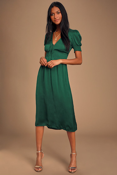 Green Satin Dress - Puff Sleeve Dress - Plunging Midi Dress - Lulus Green Satin Dress - Puff Sleeve Dress - Plunging Midi Dress - Lulus