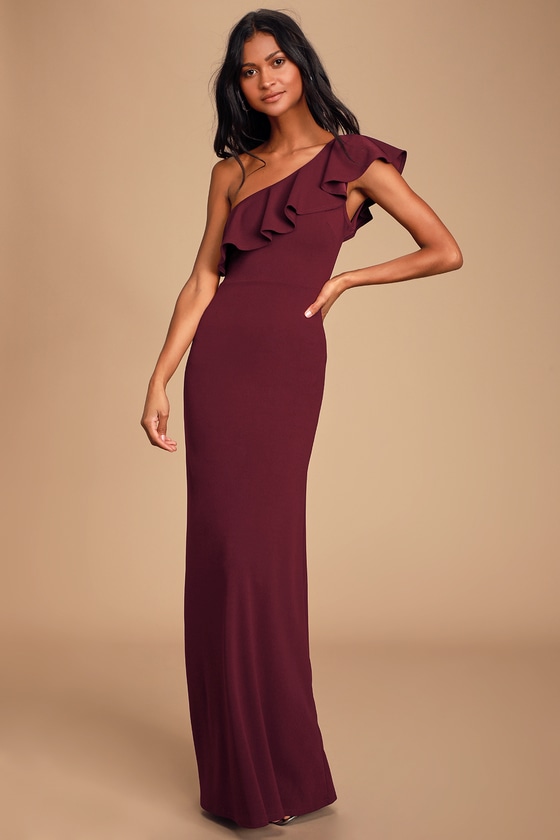 Burgundy Maxi Dress - One-Shoulder 
