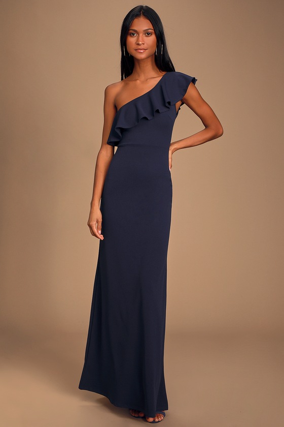 navy blue one shoulder dress