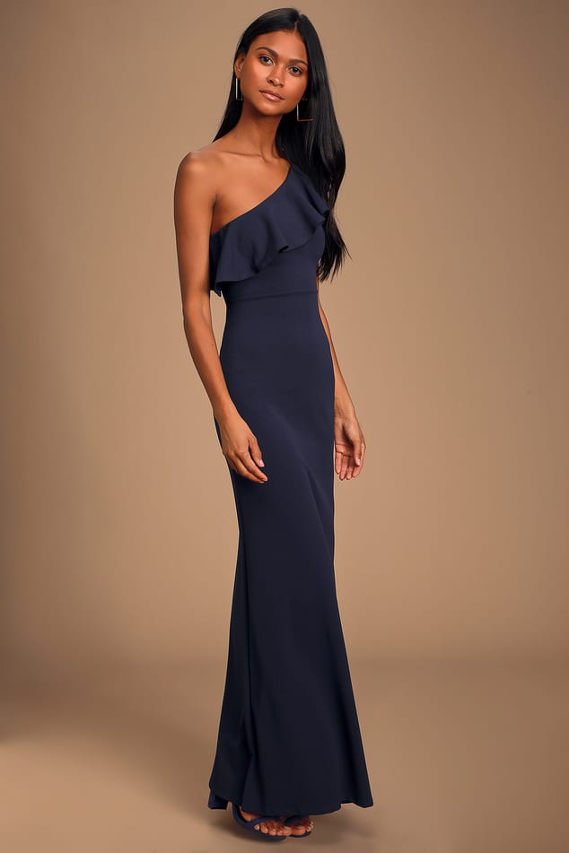 Last Forever Navy Blue One-Shoulder Ruffle Maxi Dress