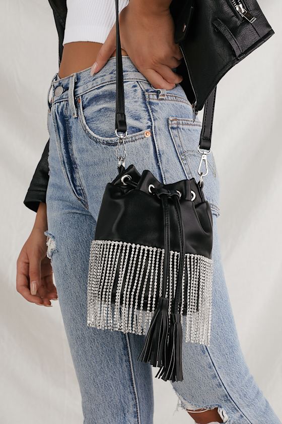 Cute Black Bag Embellished Bucket Bag Vegan Leather Hand Bag Lulus