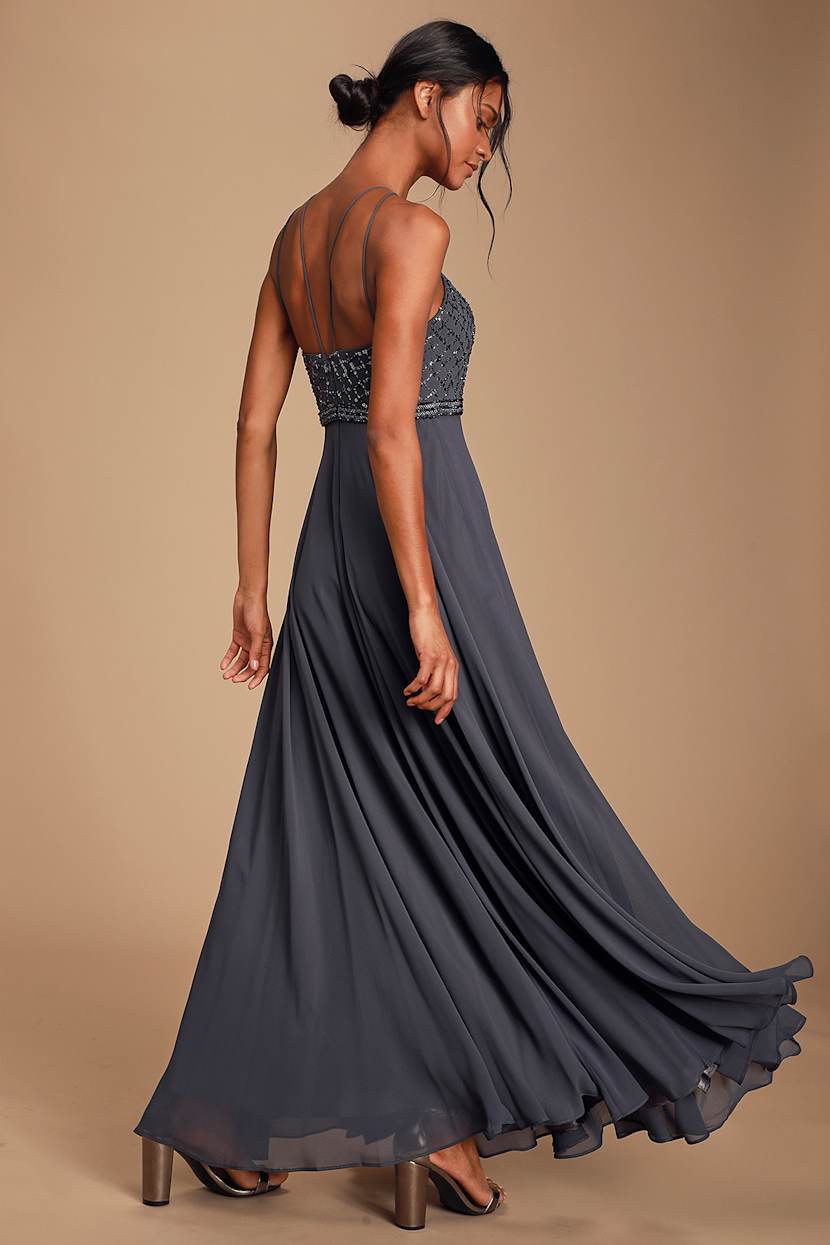 knee length dresses for ladies Grey Chiffon Halter Beaded Long Prom Dresses Formal Dress for Girls, M –  Musebridals main image 1