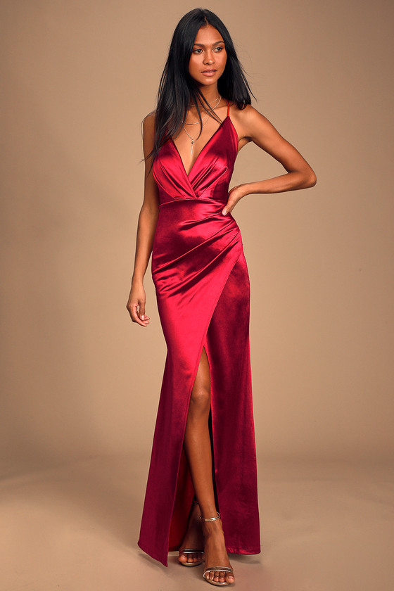 red satin floor length dress