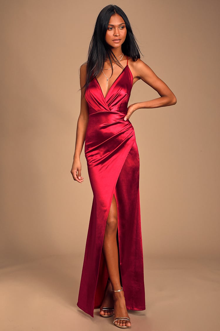 Sultry Satin Dress - Red Tulip Hem Dress - Satin Tulip Hem Maxi -