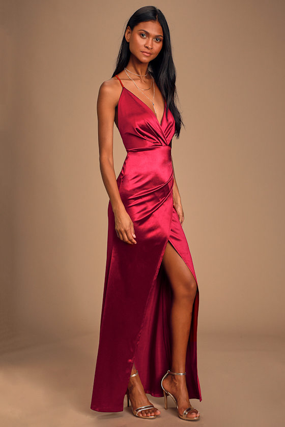 DARLING YOU'RE BAD★LONG SATIN RIBBON DRESS_2COLOR★ Sultry Satin Dress - Red Tulip Hem Dress - Satin Tulip Hem