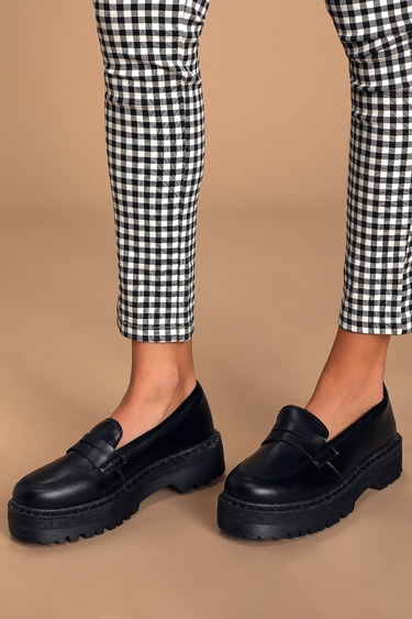 Black Loafers Flatform Loafers - Faux Leather Shoes -
